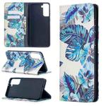 For Samsung Galaxy S21+ 5G Colored Drawing Pattern Invisible Magnetic Horizontal Flip PU Leather Case with Holder & Card Slots & Wallet(Blue Leaves)