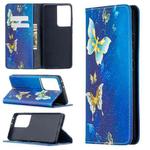 For Samsung Galaxy S21 Ultra 5G Colored Drawing Pattern Invisible Magnetic Horizontal Flip PU Leather Case with Holder & Card Slots & Wallet(Gold Butterflies)