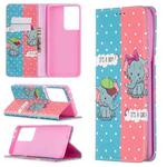 For Samsung Galaxy S21 Ultra 5G Colored Drawing Pattern Invisible Magnetic Horizontal Flip PU Leather Case with Holder & Card Slots & Wallet(Elephants)