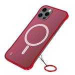 For iPhone 12 Pro Max Frosted Soft Four-corner Shockproof Magsafe Case with Finger Ring Strap(Red)