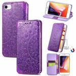 For iPhone SE 2022 / SE 2020 / 8 / 7 Blooming Mandala Embossed Pattern Magnetic Horizontal Flip Leather Case with Holder & Card Slots & Wallet(Purple)