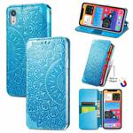 For iPhone XR Blooming Mandala Embossed Pattern Magnetic Horizontal Flip Leather Case with Holder & Card Slots & Wallet(Blue)