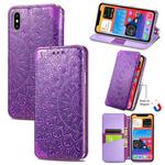 For iPhone XS Max Blooming Mandala Embossed Pattern Magnetic Horizontal Flip Leather Case with Holder & Card Slots & Wallet(Purple)