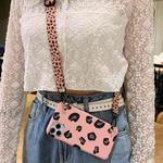 For iPhone 12 / 12 Pro Leopard Crossbody Shockproof TPU Case with Lanyard(Pink)