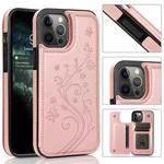 For iPhone 12 / 12 Pro Butterflies Flowers Double Buckle PU + TPU Protective Case with Holder & Card Slots & Photo Frame(Rose Gold)