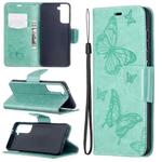 For Samsung Galaxy S21 5G Embossing Two Butterflies Pattern Horizontal Flip PU Leather Case with Holder & Card Slot & Wallet & Lanyard(Green)