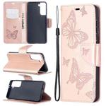 For Samsung Galaxy S21 5G Embossing Two Butterflies Pattern Horizontal Flip PU Leather Case with Holder & Card Slot & Wallet & Lanyard(Rose Gold)