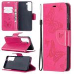 For Samsung Galaxy S21 5G Embossing Two Butterflies Pattern Horizontal Flip PU Leather Case with Holder & Card Slot & Wallet & Lanyard(Rose Red)