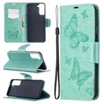 For Samsung Galaxy S21+ 5G Embossing Two Butterflies Pattern Horizontal Flip PU Leather Case with Holder & Card Slot & Wallet & Lanyard(Green)