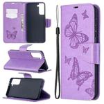 For Samsung Galaxy S21+ 5G Embossing Two Butterflies Pattern Horizontal Flip PU Leather Case with Holder & Card Slot & Wallet & Lanyard(Purple)
