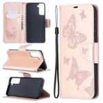 For Samsung Galaxy S21+ 5G Embossing Two Butterflies Pattern Horizontal Flip PU Leather Case with Holder & Card Slot & Wallet & Lanyard(Rose Gold)