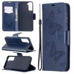 For Samsung Galaxy S21+ 5G Embossing Two Butterflies Pattern Horizontal Flip PU Leather Case with Holder & Card Slot & Wallet & Lanyard(Blue)