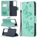 For Samsung Galaxy S21 Ultra 5G Embossing Two Butterflies Pattern Horizontal Flip PU Leather Case with Holder & Card Slot & Wallet & Lanyard(Green)