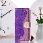 For Samsung Galaxy S21 5G Laser Glitter Powder Matching Crocodile Texture Horizontal Flip Leather Case with Card Slots & Holder(Purple)