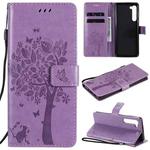 For Motorola Edge Tree & Cat Pattern Pressed Printing Horizontal Flip PU Leather Case with Holder & Card Slots & Wallet & Lanyard(Light Purple)