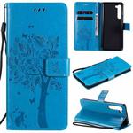 For Motorola Edge Tree & Cat Pattern Pressed Printing Horizontal Flip PU Leather Case with Holder & Card Slots & Wallet & Lanyard(Blue)