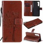 For Motorola Edge Tree & Cat Pattern Pressed Printing Horizontal Flip PU Leather Case with Holder & Card Slots & Wallet & Lanyard(Brown)