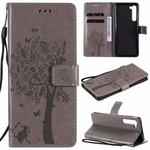 For Motorola Edge Tree & Cat Pattern Pressed Printing Horizontal Flip PU Leather Case with Holder & Card Slots & Wallet & Lanyard(Grey)