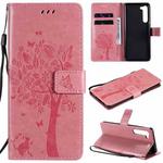 For Motorola Edge Tree & Cat Pattern Pressed Printing Horizontal Flip PU Leather Case with Holder & Card Slots & Wallet & Lanyard(Pink)