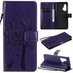 For Motorola Edge+ Tree & Cat Pattern Pressed Printing Horizontal Flip PU Leather Case with Holder & Card Slots & Wallet & Lanyard(Purple)