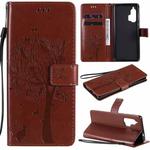 For Motorola Edge+ Tree & Cat Pattern Pressed Printing Horizontal Flip PU Leather Case with Holder & Card Slots & Wallet & Lanyard(Brown)