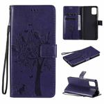 For Motorola Moto G9 Plus Tree & Cat Pattern Pressed Printing Horizontal Flip PU Leather Case with Holder & Card Slots & Wallet & Lanyard(Purple)