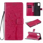 For Motorola Moto G9 Plus Tree & Cat Pattern Pressed Printing Horizontal Flip PU Leather Case with Holder & Card Slots & Wallet & Lanyard(Rose Red)