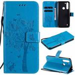 For Motorola One Fusion Tree & Cat Pattern Pressed Printing Horizontal Flip PU Leather Case with Holder & Card Slots & Wallet & Lanyard(Blue)