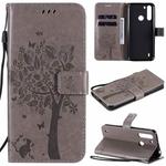 For Motorola One Fusion Tree & Cat Pattern Pressed Printing Horizontal Flip PU Leather Case with Holder & Card Slots & Wallet & Lanyard(Grey)