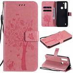 For Motorola One Fusion Tree & Cat Pattern Pressed Printing Horizontal Flip PU Leather Case with Holder & Card Slots & Wallet & Lanyard(Pink)