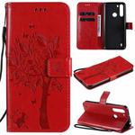 For Motorola One Fusion Tree & Cat Pattern Pressed Printing Horizontal Flip PU Leather Case with Holder & Card Slots & Wallet & Lanyard(Red)