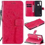 For Motorola One Fusion Tree & Cat Pattern Pressed Printing Horizontal Flip PU Leather Case with Holder & Card Slots & Wallet & Lanyard(Rose Red)