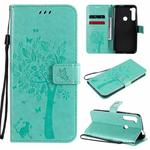 For Motorola One Fusion+ Tree & Cat Pattern Pressed Printing Horizontal Flip PU Leather Case with Holder & Card Slots & Wallet & Lanyard(Green)