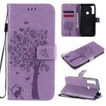 For Motorola One Fusion+ Tree & Cat Pattern Pressed Printing Horizontal Flip PU Leather Case with Holder & Card Slots & Wallet & Lanyard(Light Purple)