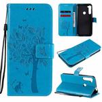For Motorola One Fusion+ Tree & Cat Pattern Pressed Printing Horizontal Flip PU Leather Case with Holder & Card Slots & Wallet & Lanyard(Blue)