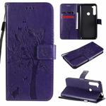 For Motorola One Fusion+ Tree & Cat Pattern Pressed Printing Horizontal Flip PU Leather Case with Holder & Card Slots & Wallet & Lanyard(Purple)