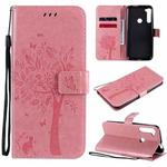 For Motorola One Fusion+ Tree & Cat Pattern Pressed Printing Horizontal Flip PU Leather Case with Holder & Card Slots & Wallet & Lanyard(Pink)