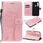 For Motorola One Fusion+ Tree & Cat Pattern Pressed Printing Horizontal Flip PU Leather Case with Holder & Card Slots & Wallet & Lanyard(Rose Gold)