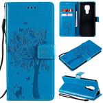 For Motorola Moto G9 Play Tree & Cat Pattern Pressed Printing Horizontal Flip PU Leather Case with Holder & Card Slots & Wallet & Lanyard(Blue)