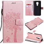 For Motorola Moto G9 Play Tree & Cat Pattern Pressed Printing Horizontal Flip PU Leather Case with Holder & Card Slots & Wallet & Lanyard(Rose Gold)