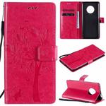 For Huawei Enjoy 20 Plus 5G Tree & Cat Pattern Pressed Printing Horizontal Flip PU Leather Case with Holder & Card Slots & Wallet & Lanyard(Rose Red)