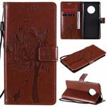 For Huawei Enjoy 20 Plus 5G Tree & Cat Pattern Pressed Printing Horizontal Flip PU Leather Case with Holder & Card Slots & Wallet & Lanyard(Brown)