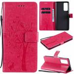 For Huawei Honor Play4 Tree & Cat Pattern Pressed Printing Horizontal Flip PU Leather Case with Holder & Card Slots & Wallet & Lanyard(Rose Red)