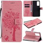 For Huawei Honor Play4 Tree & Cat Pattern Pressed Printing Horizontal Flip PU Leather Case with Holder & Card Slots & Wallet & Lanyard(Pink)