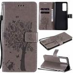 For Huawei Honor Play4 Tree & Cat Pattern Pressed Printing Horizontal Flip PU Leather Case with Holder & Card Slots & Wallet & Lanyard(Grey)