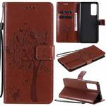 For Huawei Honor Play4 Tree & Cat Pattern Pressed Printing Horizontal Flip PU Leather Case with Holder & Card Slots & Wallet & Lanyard(Brown)