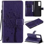 For Huawei Honor Play4 Tree & Cat Pattern Pressed Printing Horizontal Flip PU Leather Case with Holder & Card Slots & Wallet & Lanyard(Purple)