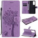For Huawei Honor Play4 Tree & Cat Pattern Pressed Printing Horizontal Flip PU Leather Case with Holder & Card Slots & Wallet & Lanyard(Light Purple)