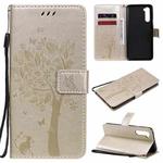 For OnePlus Nord Tree & Cat Pattern Pressed Printing Horizontal Flip PU Leather Case with Holder & Card Slots & Wallet & Lanyard(Gold)