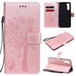 For OnePlus Nord Tree & Cat Pattern Pressed Printing Horizontal Flip PU Leather Case with Holder & Card Slots & Wallet & Lanyard(Rose Gold)